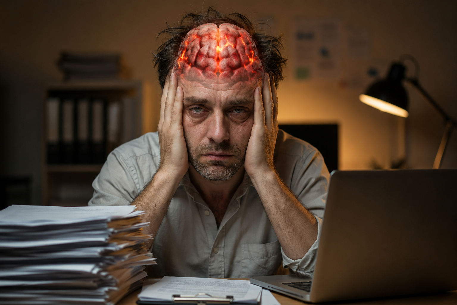 Worried middle-aged man with a glowing brain, hands on head, feeling like his memory is slipping.
