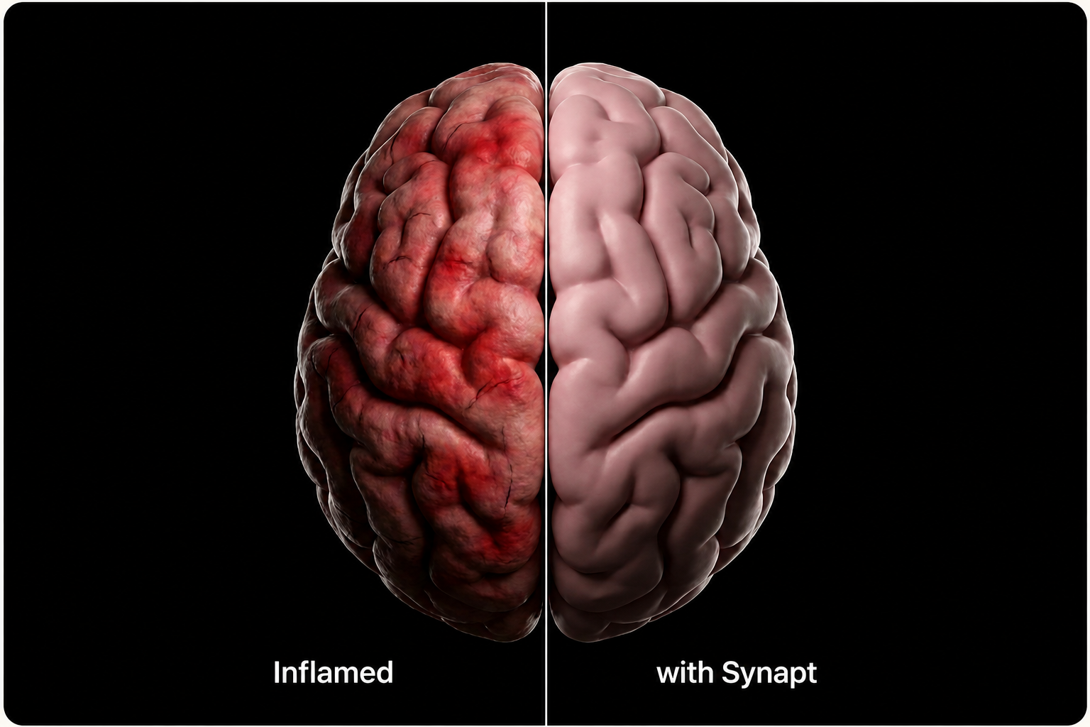 Split comparison: inflamed, overwhelmed brain versus healed, relaxed brain after Synapt.