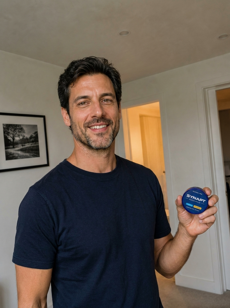 Marcus holding his tin of Synapt Focus Pills at home.