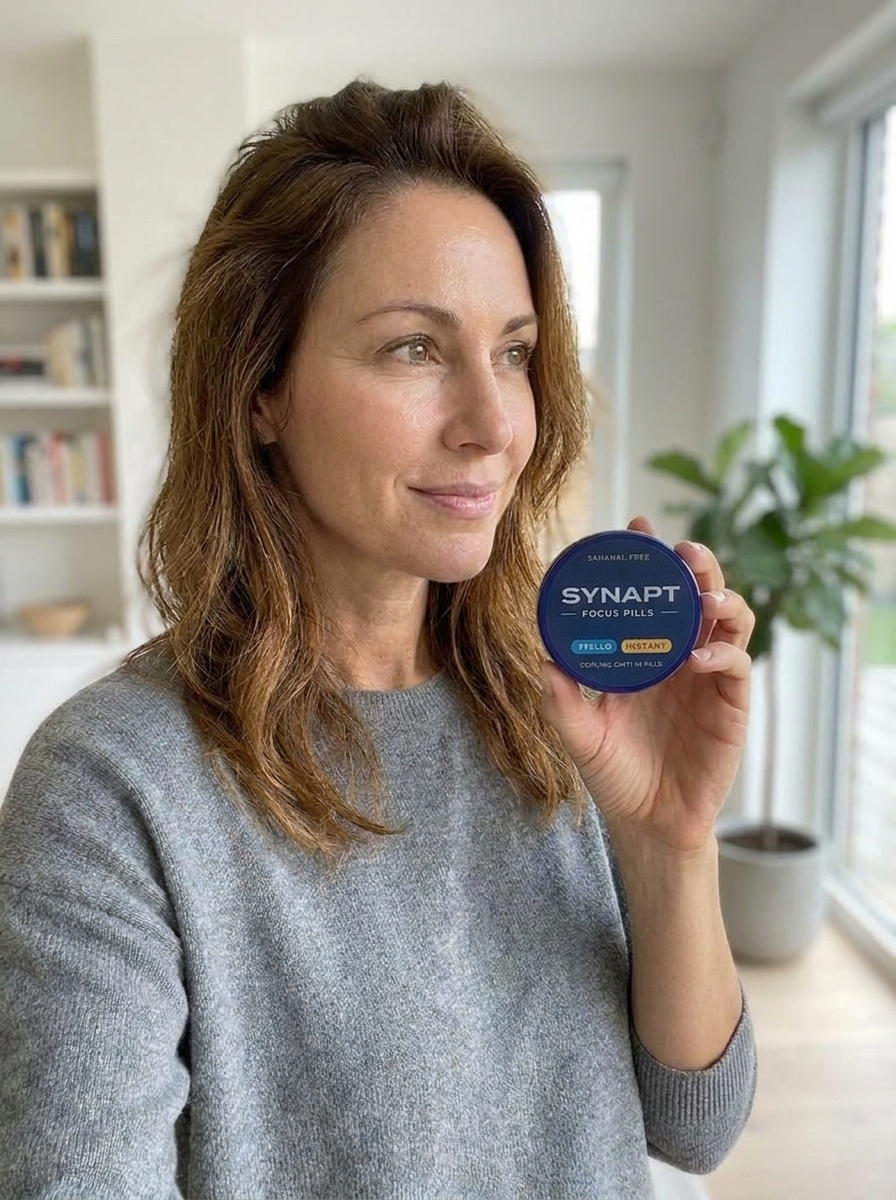 Emily holding her tin of Synapt Focus Pills at home.