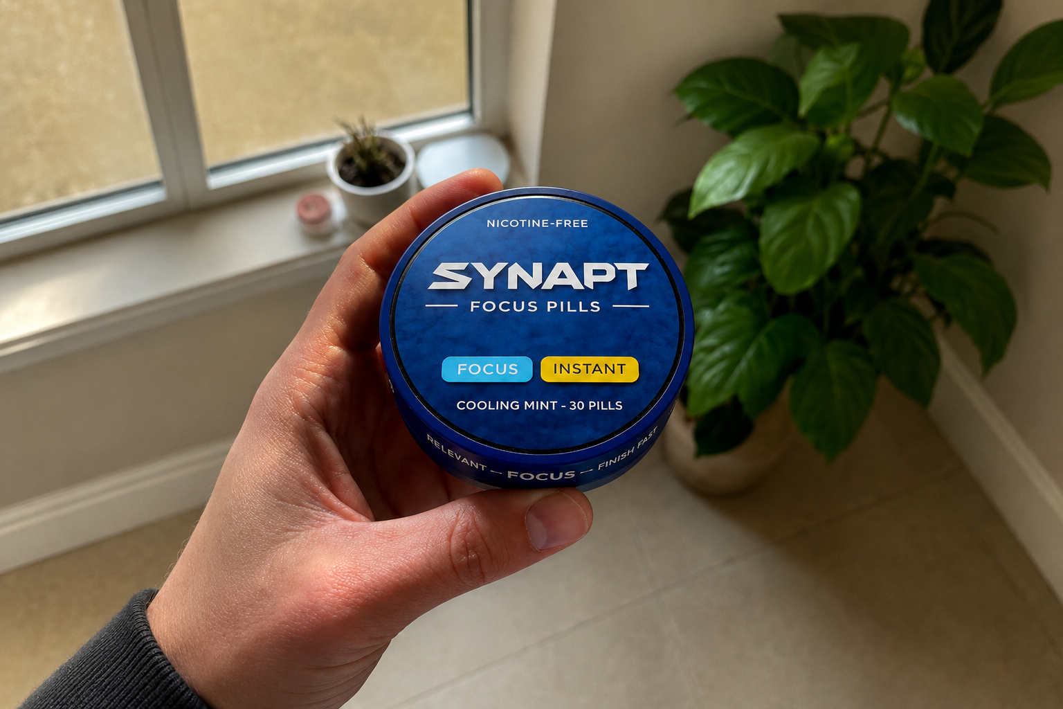 Hand holding a Synapt Focus Pills tin near a window.