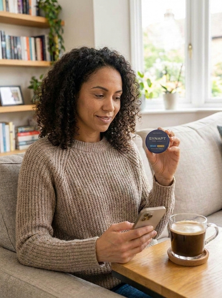 Nadia holding her tin of Synapt on the sofa with a coffee.