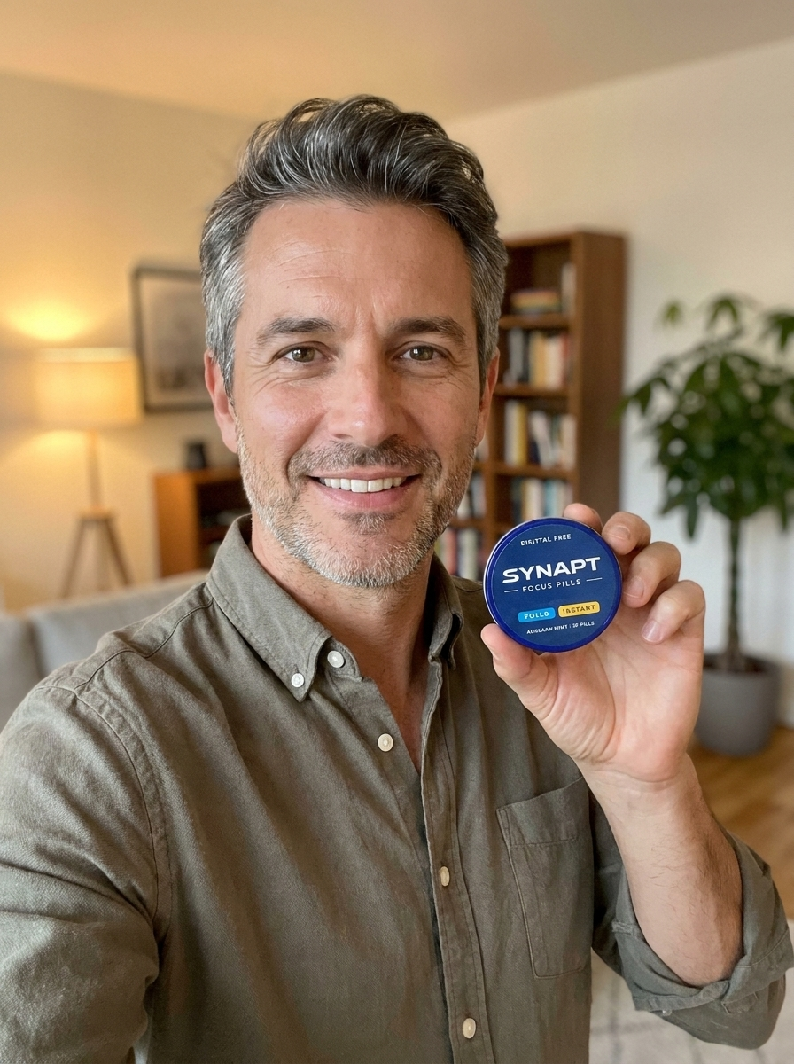 David showing his Synapt Focus Pills tin in his living room.