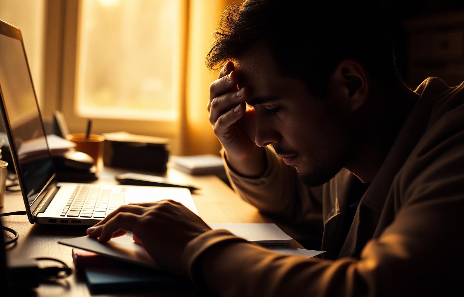 A developer at a warm-lit desk in late afternoon, hand on forehead.